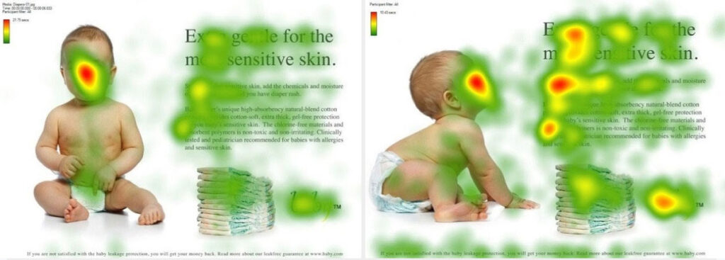 Example of how eyes track over a cute baby, and how turning the photo so the baby looks at the text tells people to read the text.