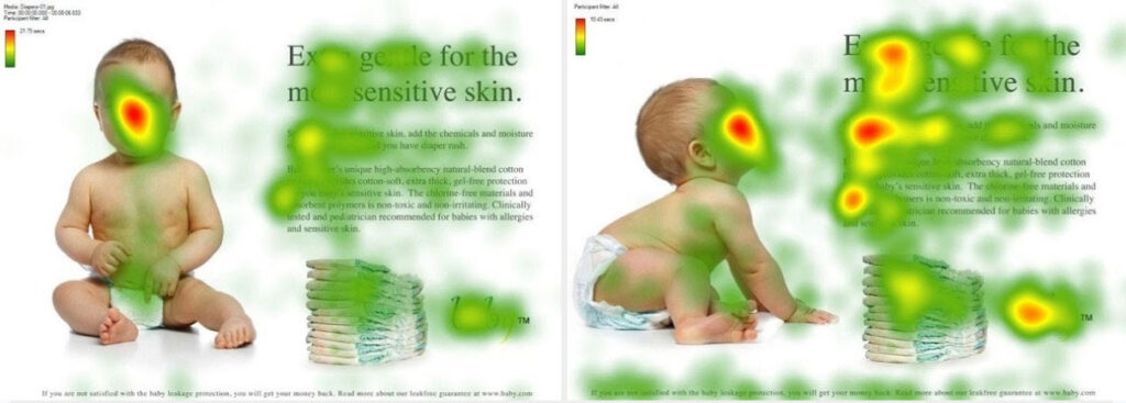 Example of how eyes track over a cute baby, and how turning the photo so the baby looks at the text tells people to read the text. 